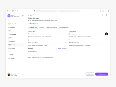 Create Discount – Info (Production-ready flow) dashboard design marketplace saas ui ux