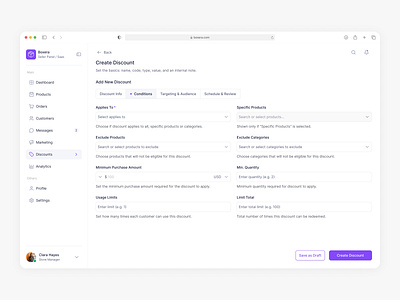 Create Discount – Conditions (Production-ready flow) dashboard design marketplace saas ui ux