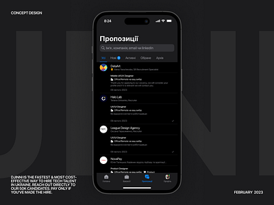 [App] [Djinni] app concept dark theme design ios 16 ios native element iphone 14 job search ui ux uxui