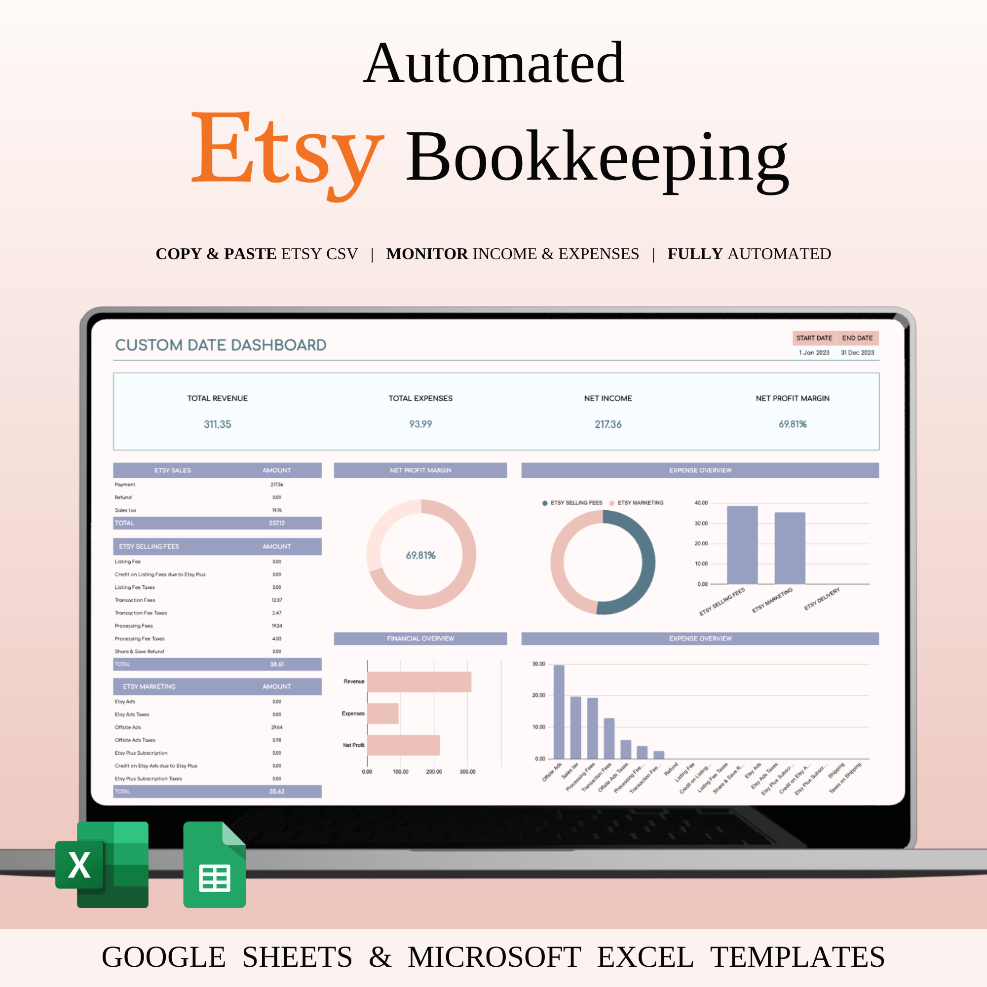 Etsy Seller Automatic Bookkeeping in Excel & Google Sheets accounting spreadsheet automatic accounting business bookkeeping ecommerce accounting etsy bookkeeping etsy dashboard etsy expenses etsy finance tracker etsy income etsy seller tools excel bookkeeping expense management financial tracking google sheets etsy profit tracker revenue tracker shop analytics shop budget shop management small business finance