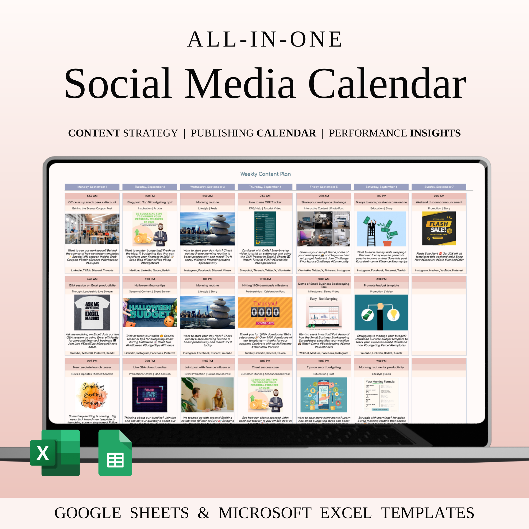 Social Media Content Planner for Google Sheets & Excel campaign tracker content calendar content management content planner content schedule digital marketing engagement tracker excel social planner google sheets calendar marketing planning marketing scheduler marketing workflow post ideas planner post tracker publishing planner social content organizer social dashboard social media calendar social media strategy social planner