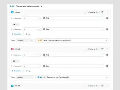 Logic Condition Rules - Survey builder campaign rules condition rules conditional logic conditions dependencies email rules logic logic rules logic workflow modal product design research rules survey surveybuilder ui ux webinterface workflow