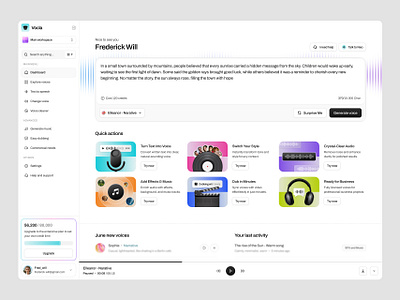 Vocla – AI Voice Intelligent UI Kit ai dubbing ai platform ai voice audio editor audio platform audio workspace clean ui creator tools dashboard design interface design media tools modern web app product design saas dashboard text to speech ui kit voice ai voice effects voice generator web application