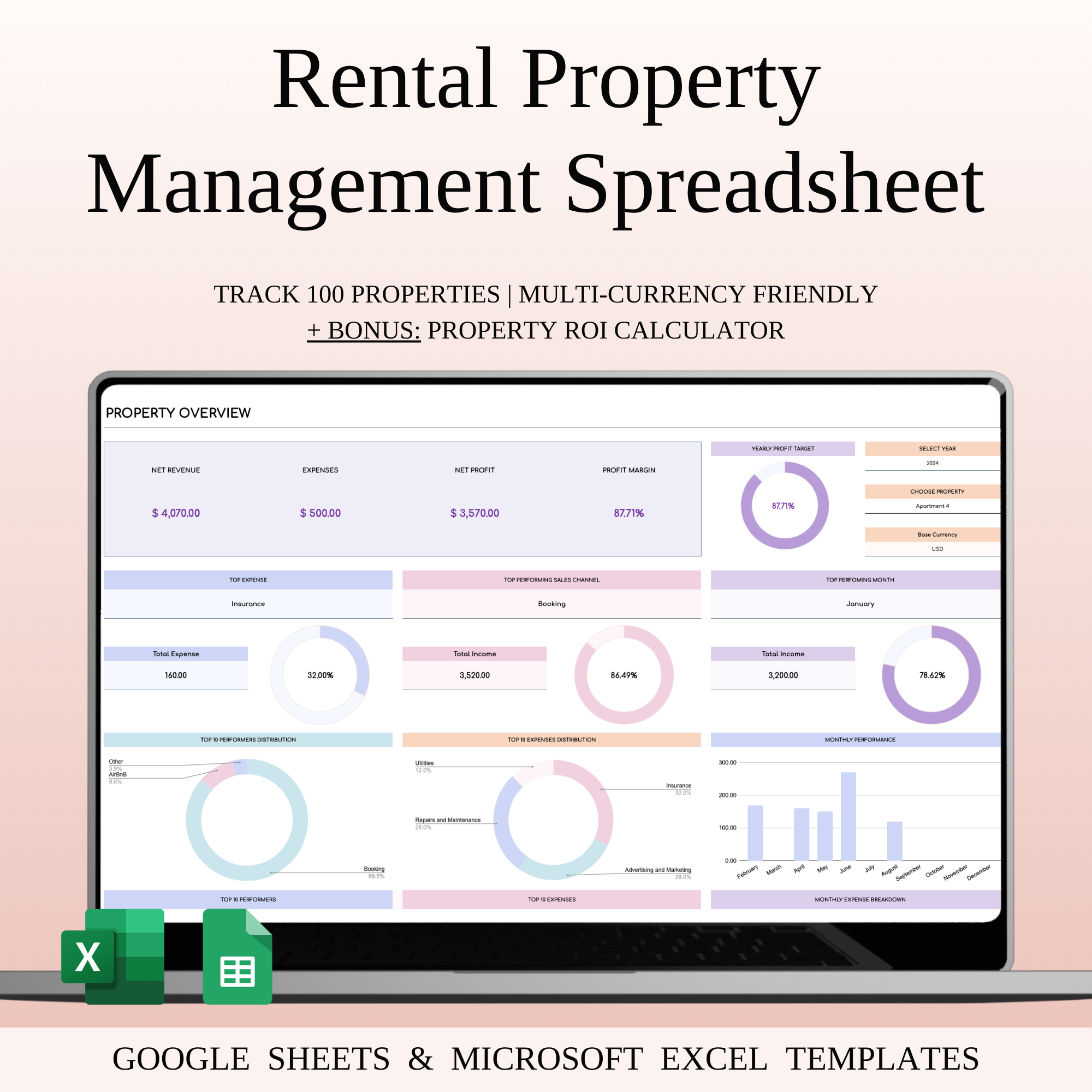 Rental Property Management Spreadsheet accounting analytics business tracking clean design data visualization excel template expense tracker finance spreadsheet google sheets landlord tools management system minimal modern dashboard productivity tool property analytics property income property tracker real estate dashboard rental property ui