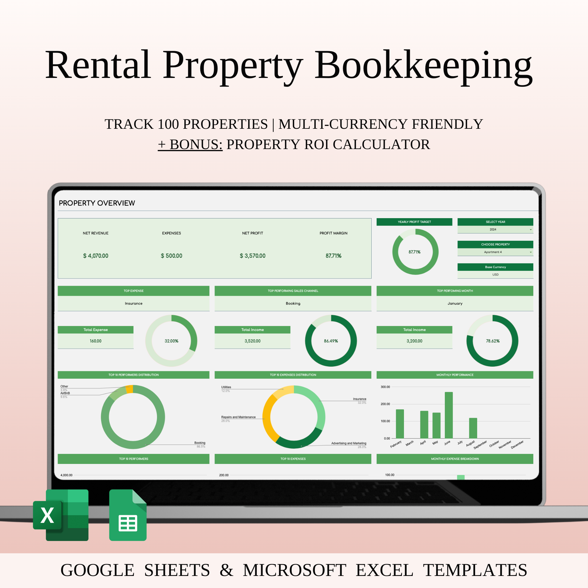 Rental Property Bookkeeping Tracker | Excel & Google Sheets accounting bookkeeping business tracking clean ui dashboard design data analytics excel spreadsheet expense management finance dashboard google sheets income tracking landlord tools minimal design modern template productivity property accounting property management real estate finance rental tracker reporting tool
