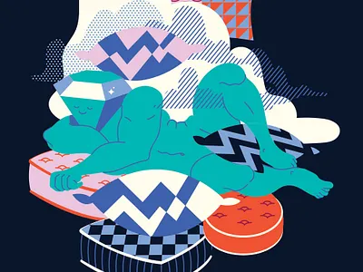 Sleepy Head III bed blanket body builder clouds diamond dreaming feet gay illustration moon muscle night pattern pillows plush pose sky sleep