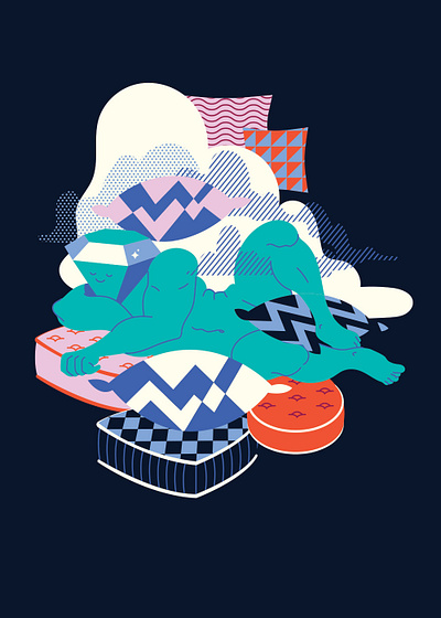 Sleepy Head III bed blanket body builder clouds diamond dreaming feet gay illustration moon muscle night pattern pillows plush pose sky sleep