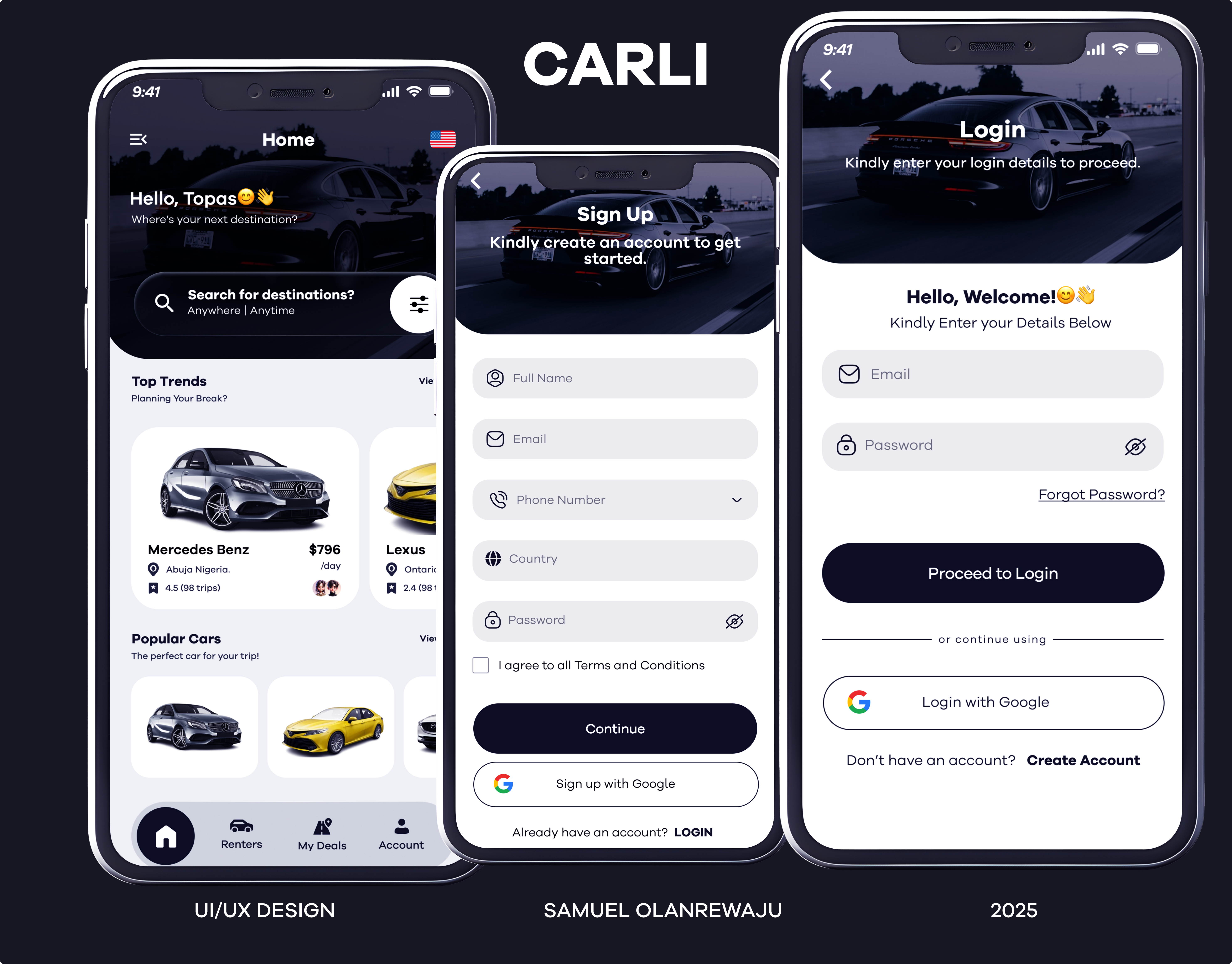 Carli: Car Rental Mobile App - UI/UX Design app branding car carhire figma microinteraction mobile mobileapp ride ui userexperience userinterface ux