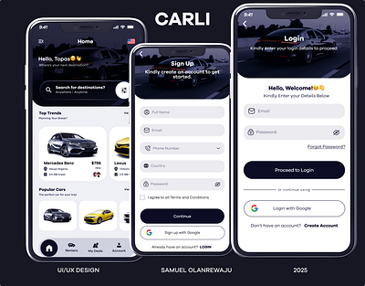 Carli: Car Rental Mobile App - UI/UX Design app branding car carhire figma microinteraction mobile mobileapp ride ui userexperience userinterface ux