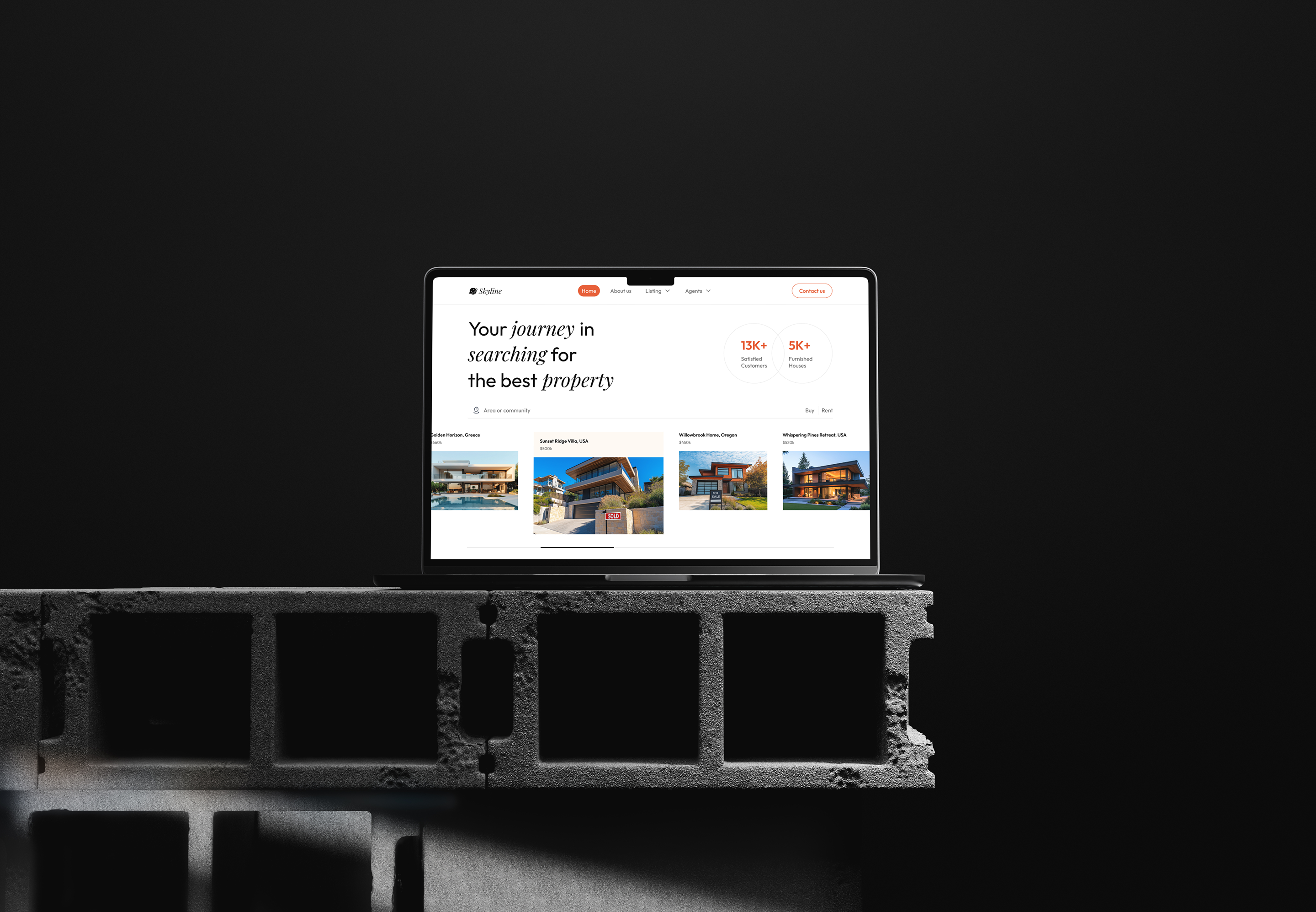 Skyline Real Estate Website Design architecture showcase clean website hero digital property platform elegant web layout house marketplace design housing website design interactive property search luxury property site minimal property site modern real estate platform orange accent web design premium realty ui property listing ui real estate branding real estate saas ui real estate website responsive web ui trust driven interface user focused design ux for listings