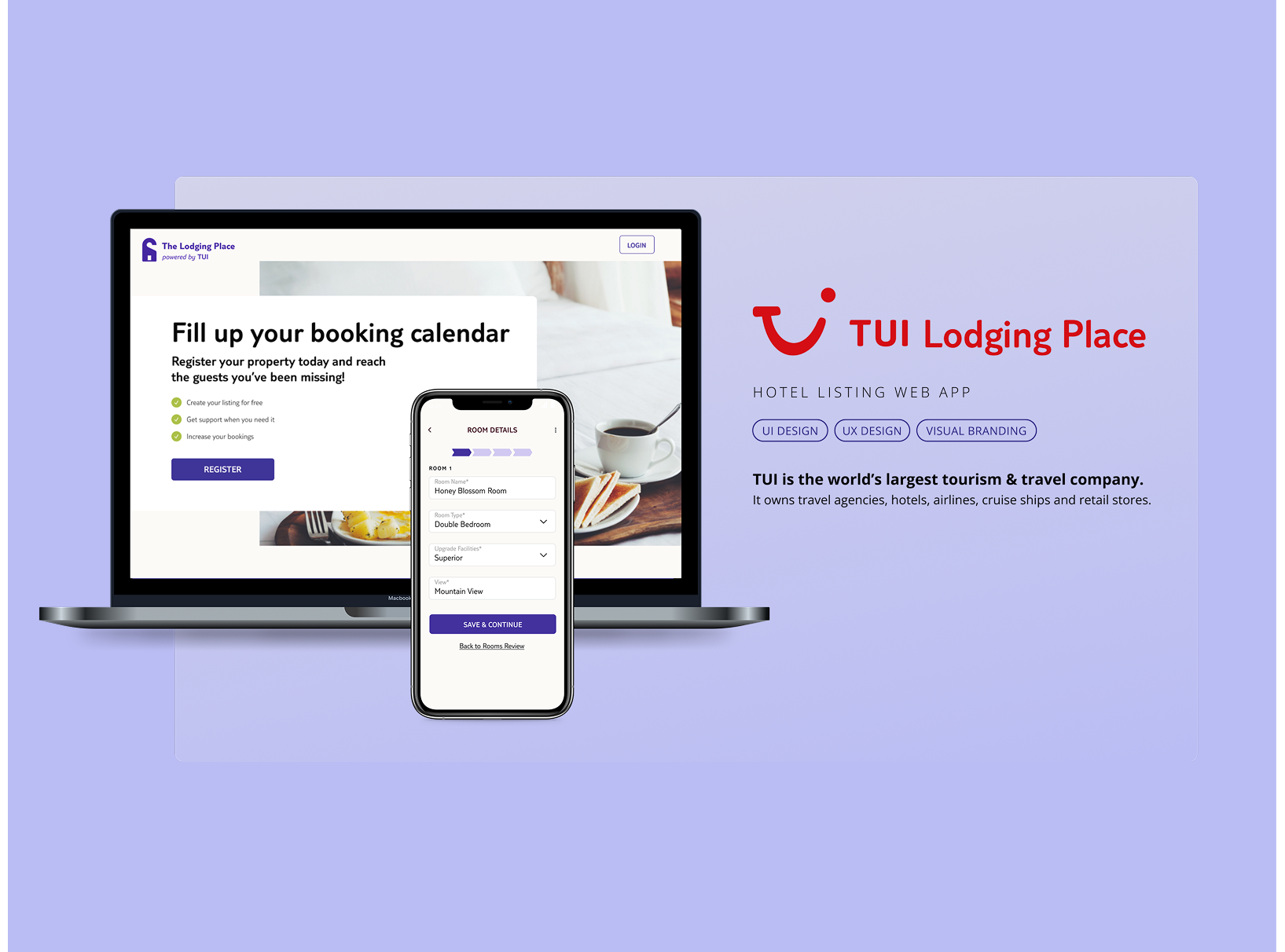 TUI Hotel Onboarding Web App (TrueNode Studio 2023) accommodation app design booking branding error states figma hospitality hotelier hotels jira mobile first onboarding product design purple travel ui design user flow user stories ux design webapp