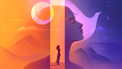 Editorial Illustration for Mental Health Feature article bird bookcover cosmos desert health illustration landscape magazine meditation mental mentalhealth mind moon nature power psychology romantic sunset woman