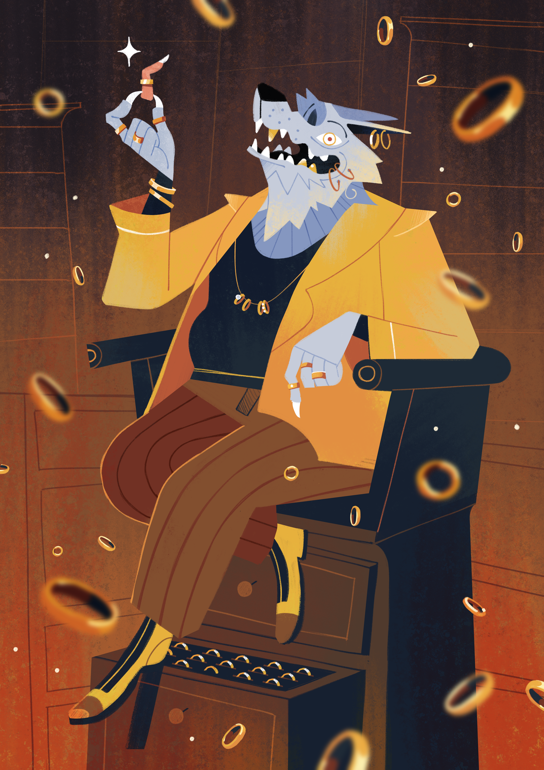Ring Collector 2d illustration art art direction business character character design classy digital art editorial fantasy flat halloween illustration money monster ring stylised art visual development werewolf wolf