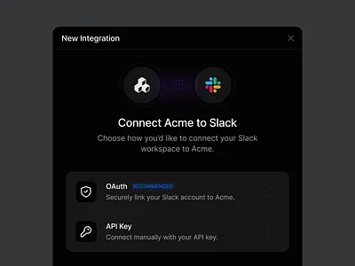 Integration Modal / Dark Mode api auth connect dark glow integration integrations modal popup slack ui