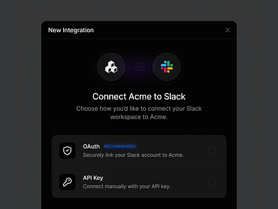 Integration Modal / Dark Mode api auth connect dark glow integration integrations modal popup slack ui