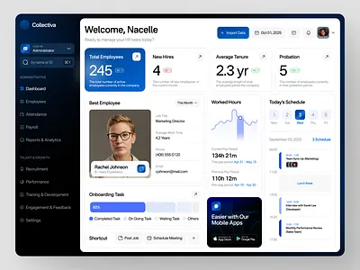 HR Management Dashboard app calendar chart clean design fireart management overview people tracking ui ux
