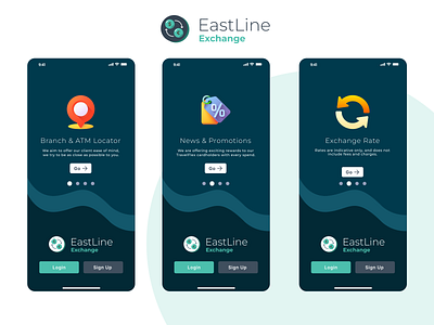 EastLine Exchange App blue grey dark mood design flow green mobile app design onboarding ui ux visual design
