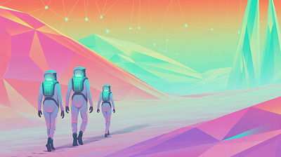 Geometric Space Exploration Concept Illustration abstract landscape adventure astronaut conceptual design forest futuristic geometric art illustration innovation theme landscape illustration low poly metaverse neon colors outdoor space exploration travel vector vector illustration web website hero