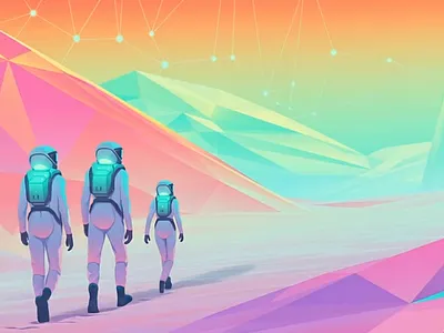 Geometric Space Exploration Concept Illustration abstract landscape adventure astronaut conceptual design forest futuristic geometric art illustration innovation theme landscape illustration low poly metaverse neon colors outdoor space exploration travel vector vector illustration web website hero