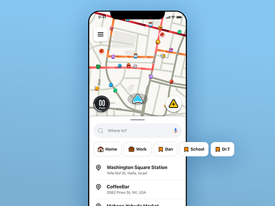 Waze iOS App - Saved Destinations Shortcuts card carousel carousel design driving app hamburger menu icons interaction design ios ios app list map mobile mobile app navigation app product design search ui ux ux ui waze