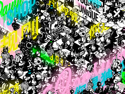 <CROWDED/> - The_Pawnies art piece character design chess crowd dystopic eyes generative design graphic design isometric isometric design neons nft nft collectibles pawns street art vector design