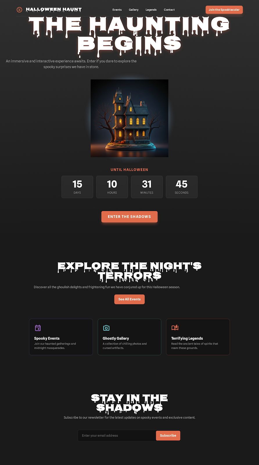 Halloween Website Landing Page branding css design front end halloween halloweenlandingpage html illustration javascript landingpage landingpagedesign ui website