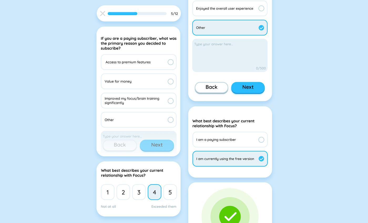 Focus - App Survey animation app app design design mobile app motion graphics progress bar questions scale survey ui ui design