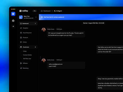 Calley Saas AI Helpdesk Dashboard Chat Screen ai ai call ai chat b2b software call agent call dashboard chat chat ui clean ui customer support dark theme dark ui dashboard helpdesk landing page saas shadcn ui uidesign web app design