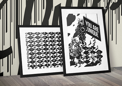 <YOU ARE UNIQUE/> - The_Pawnies art print black white chess dystopia eyes generative design graphic design king nft collection nfts paint drips pattern pawns posters street art unique