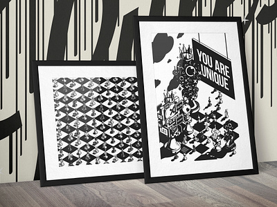 <YOU ARE UNIQUE/> - The_Pawnies art print black white chess dystopia eyes generative design graphic design king nft collection nfts paint drips pattern pawns posters street art unique