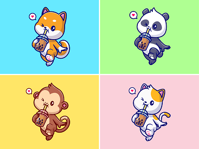 Animals Drinking Boba🐱🐼🧋 animals boba branding bubble tea cat character cute dog doodle drink flat food icon illustration logo monkey panda pet pose shiba inu