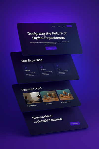 Futuristic Agency Landing Page branding creative agency css design design agency digital studio front end html illustration javascript landing page landingpage modern ui purple theme responsive saas landing startup landing ui web design website