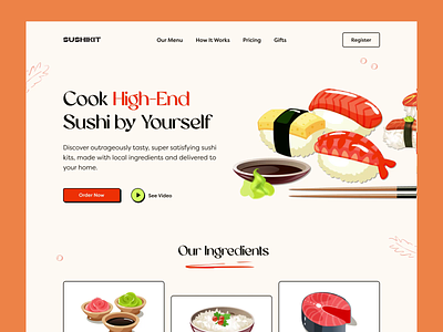 Sushi Kit Landing Page after effects animation asian cooking design figma food illustration ingredients interaction kit landing page meal menu restaurant sushi tasty user interface vector web