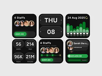 Modular Complications and Watch Widgets - A Compact View calendar mobile calendar widget component dark mode dark screen frames ios iwatch mobile widget therapist widget time component ui ux design watch faces widget
