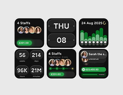 Modular Complications and Watch Widgets - A Compact View calendar mobile calendar widget component dark mode dark screen frames ios iwatch mobile widget therapist widget time component ui ux design watch faces widget