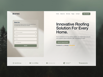 Innovative Roofing Service Website Hero Section booking form creative agency design header hero section home service homepage interface landing page local business roofing website ui web design website design wingly