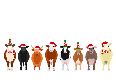 Christmas cows in a row animal cartoon christmas cow cute design graphic design illustration party santa hat