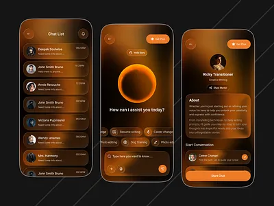 AI Powered Mentorship Chat App Concept ai ai assistant ai chat bot ai mentor app ai powered career development chat ui chatbot conversation app creative writing dark theme digital mentor mentorship app messaging app minimalist design mobile app modern ui orange accents personal assistant uiux design