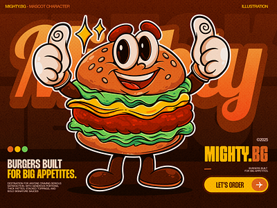 MIGHTY.BG - Mascot Illustration 🍔 brandmascot burger burgerlover cartoonstyle character character design character illustration food illustration graphic design illustration lettering mascot mascot design retro typography