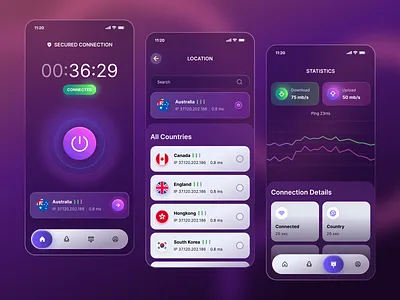 VPN Mobile App UI app connection country dashboard futuristic graph greadient internet mobile secure security stats vpn