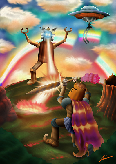 "Knight vs Robot" art book branding color pencil cover design draw dream fantasy illustration medieval music robot scifi vintage water ink