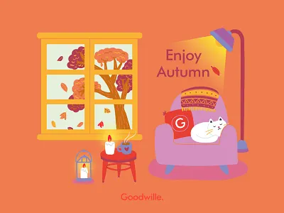 Enjoy Autumn for Goodwille. autumn branding candles cat character design designer digital art digital illustration digitalart fall graphic design illustration illustration art illustrator leaves lighting october september sofa