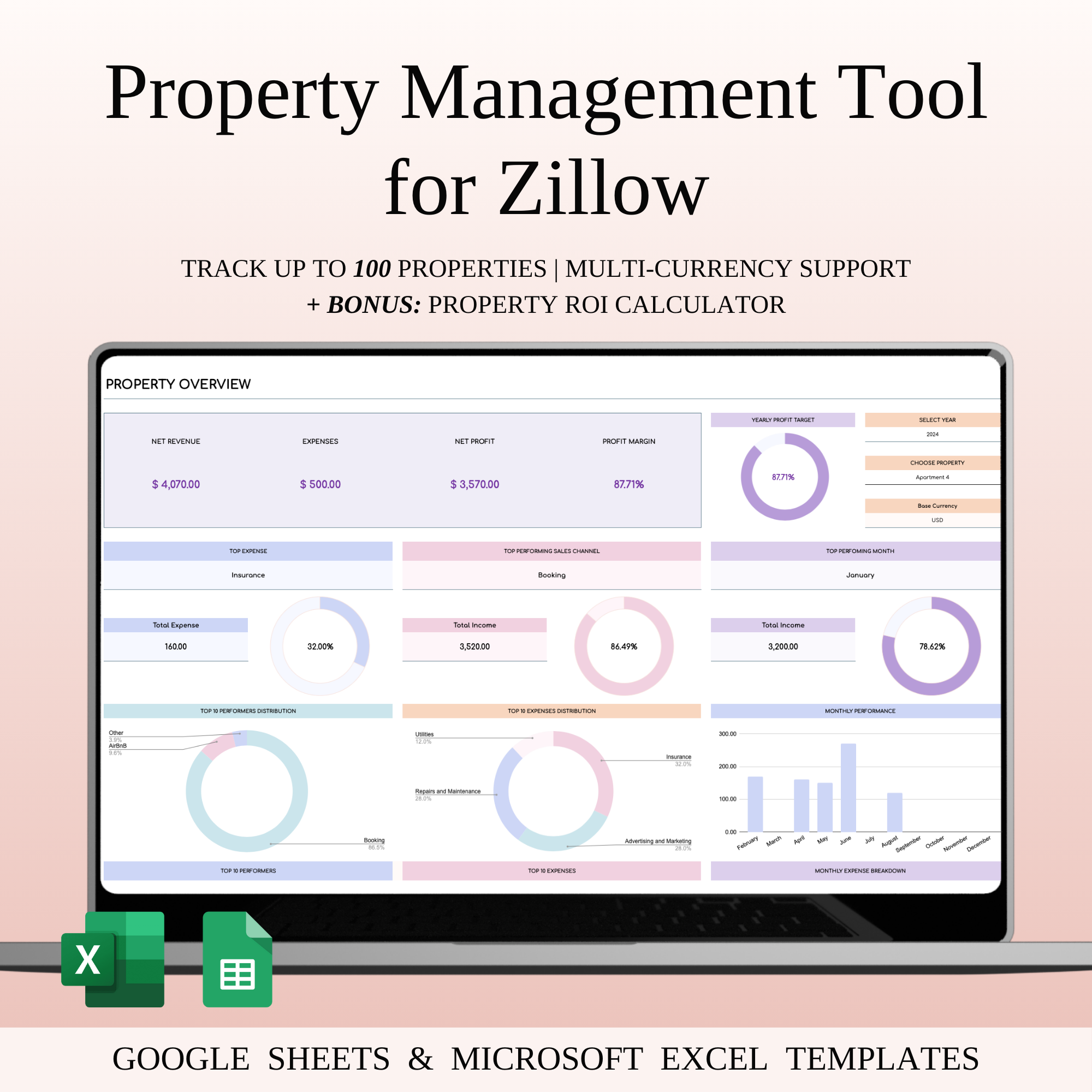 Property Management Tool for Zillow clean design data visualization excel template google sheets template income expense tracker landlord dashboard portfolio management property management property toolkit real estate spreadsheet real estate tracker rental analytics rental business template rental dashboard rental operations rental property tracker spreadsheet tool tool for landlords ui dashboard zillow template
