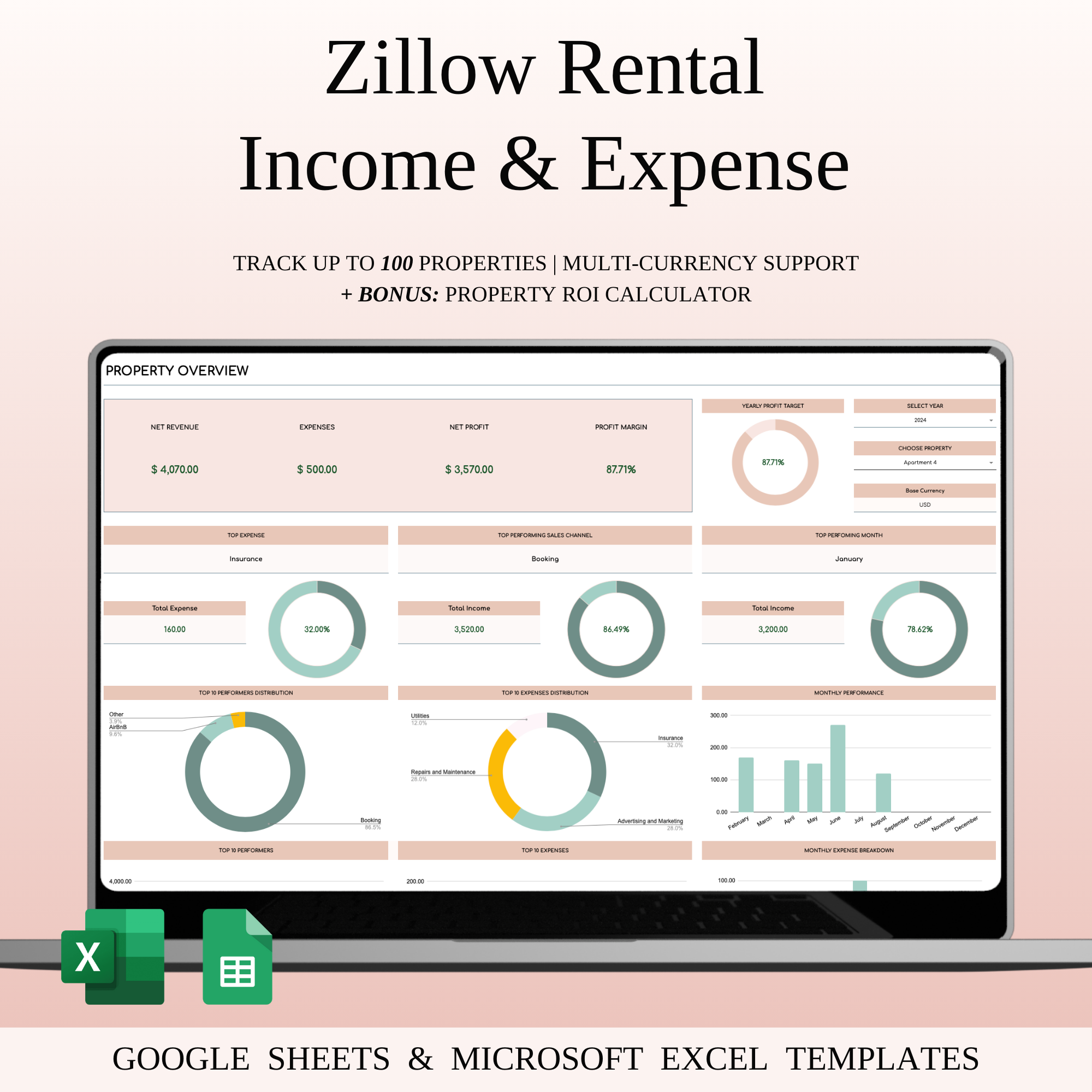 Zillow Property Tracker | Excel & Google Sheets for Hosts clean ui dashboard design dashboard template data visualization excel spreadsheet google sheets tracker host dashboard host operations landlord tracker minimal design property host tool property portfolio tracker real estate host rental analytics rental business tool rental income tracker rental insights rental property interface short term rental tracker zillow tracker