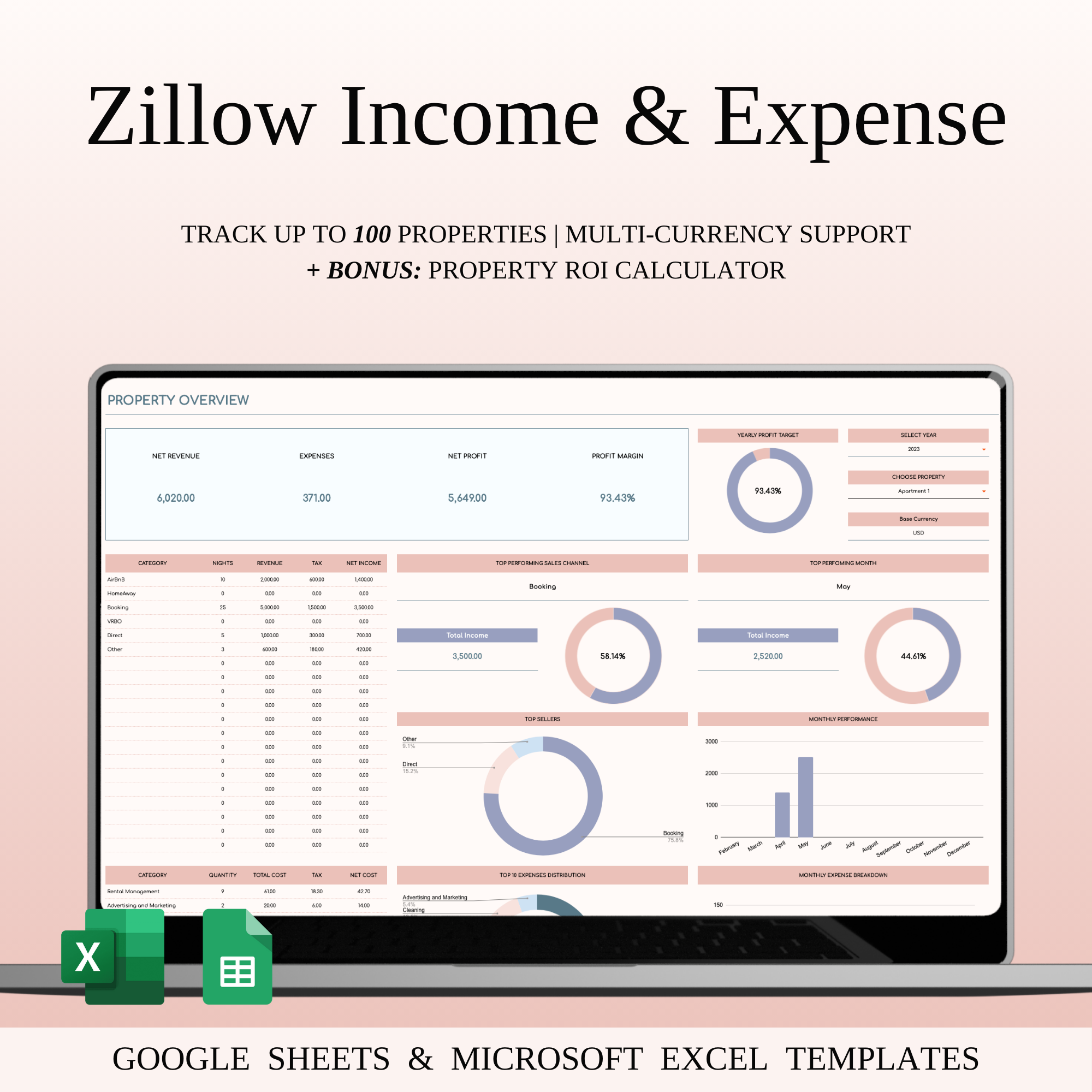 Zillow Income & Expense Spreadsheet for Hosts & Property Manager dashboard ui data visualization excel template finance tracker google sheets template income expense spreadsheet landlord dashboard landlord finances minimal design property accounting real estate financials real estate tracker rental accounting rental analytics rental business accounting rental expense log rental income log rental tracker spreadsheet design zillow rental