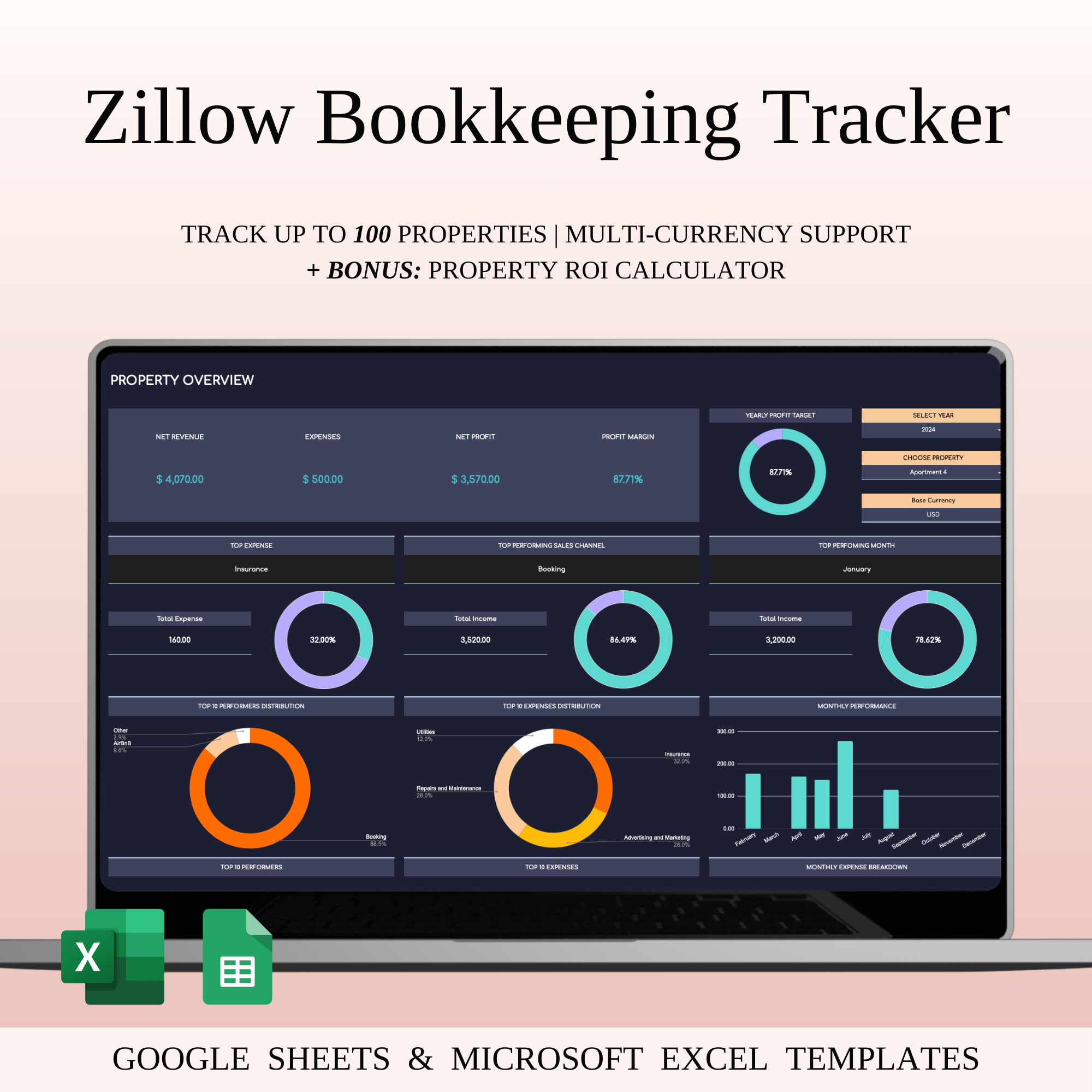 Zillow Bookkeeping Tracker | Excel & Google Sheets Template accounting spreadsheet bookkeeping tracker clean design dashboard ui data visualization excel template finance dashboard google sheets template income expense tracker landlord accounting landlord dashboard minimal layout property portfolio tracker real estate accounting rental analytics rental business tool rental operations tracker rental property finance spreadsheet template zillow rental bookkeeping