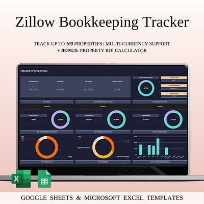 Zillow Bookkeeping Tracker | Excel & Google Sheets Template accounting spreadsheet bookkeeping tracker clean design dashboard ui data visualization excel template finance dashboard google sheets template income expense tracker landlord accounting landlord dashboard minimal layout property portfolio tracker real estate accounting rental analytics rental business tool rental operations tracker rental property finance spreadsheet template zillow rental bookkeeping