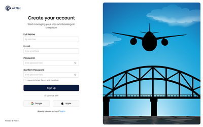 Create Your account & Sign up Web AirNet aeroplane airnet email fly google graphic design password product design signup ui ui design uiux design ux design web app wed design