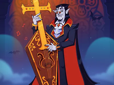 Dracula the bassist cartoon character character design double bass dracula halloween illustration jazz music vampire vector