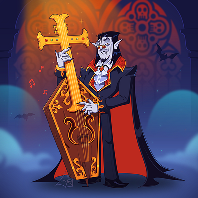 Dracula the bassist cartoon character character design double bass dracula halloween illustration jazz music vampire vector
